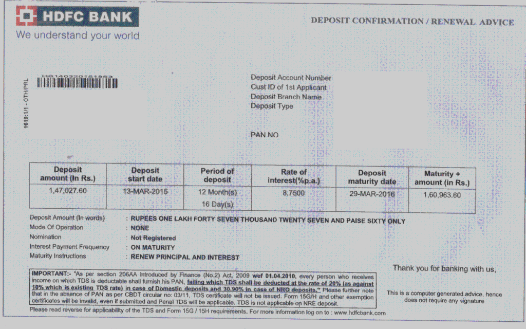 Hdfc fixed deposit interest certificate