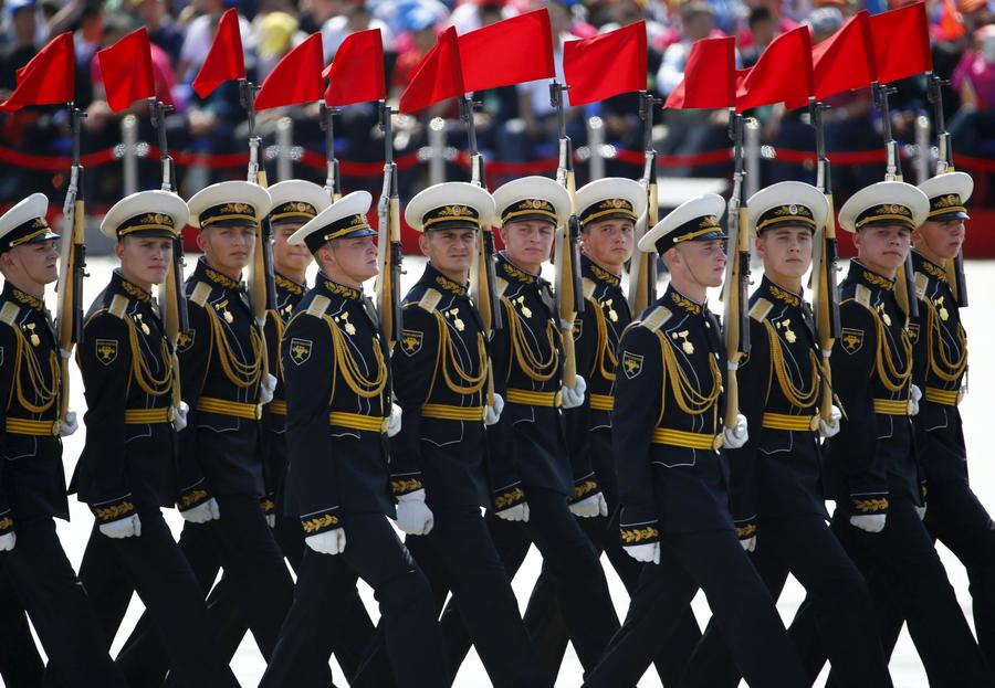Russian soldiers march during the military parade to mark the 70th anniversary of the end of World War Two, in Beijing