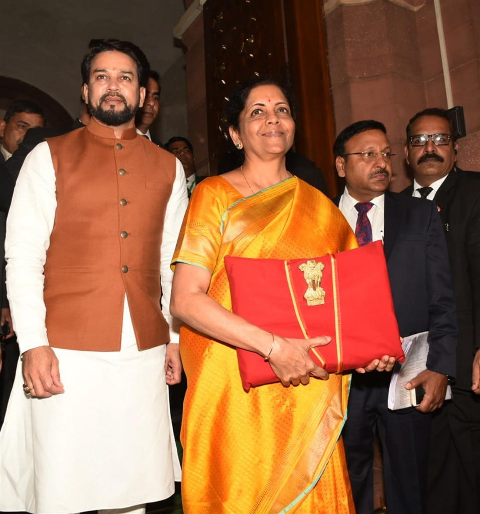 Union Finance Minister Nirmala Sitharaman and Minister of State for Finance Anurag Singh Thakur entering the Parliament House to present the General Budget  