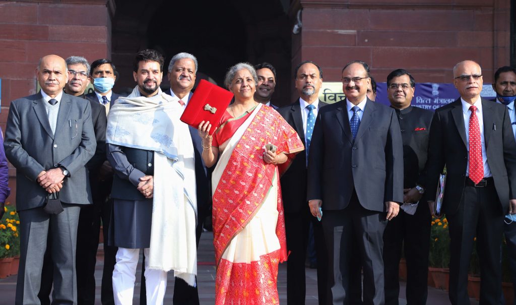 Union Minister for Finance and Corporate Affairs, Nirmala Sitharaman and Minister of State for Finance and Corporate Affairs, Anurag Thakur after presenting the General Budget 2021-22