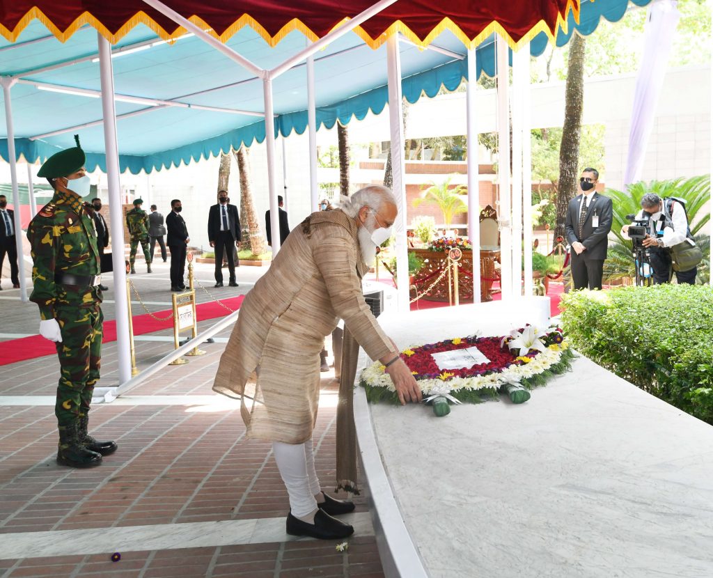 PM Modi paying tribute at the Mausoleum of Bangabandhu Sheikh Mujibur Rahman during his recent visit to Bangladesh